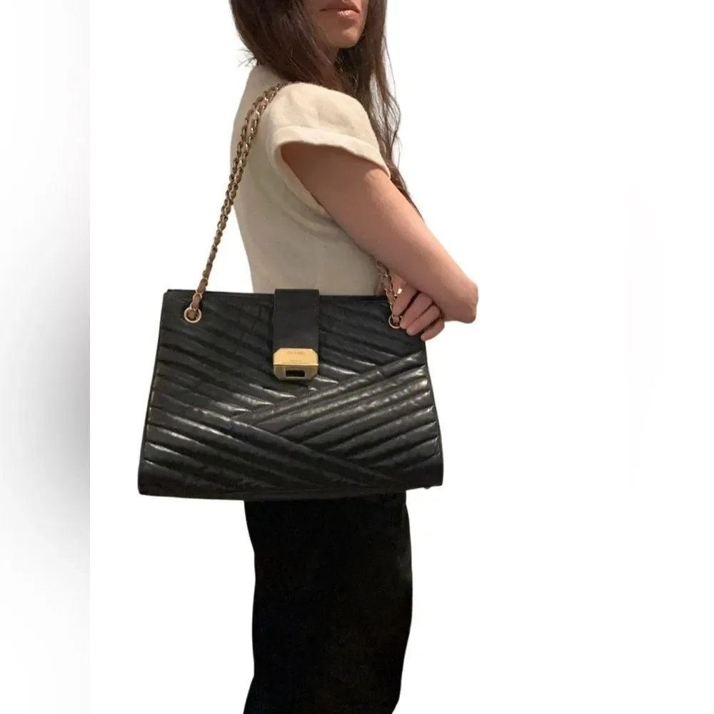 CHANEL Black Quilted Tote with Gold Chain
